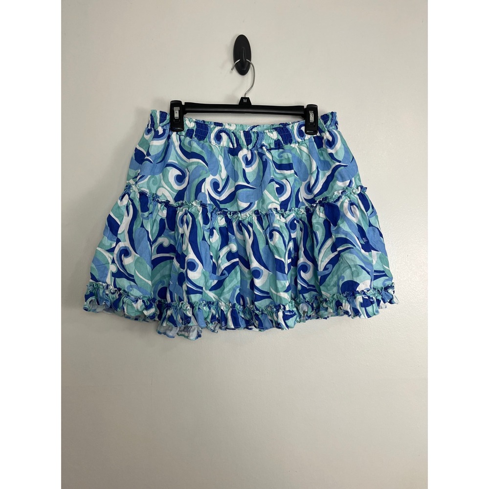 Hill House Preppy Ruffle Mini Paz Skirt 2XL Blue Ocean Kaleidoscope Linen Skirt